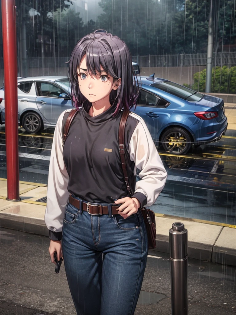 Girl, Black Sweatshirt, blue jeans pants , japan police car background, night, rain, small breast ,Sneakers , wet bod, In full growth, Holster with a pistol on the belt