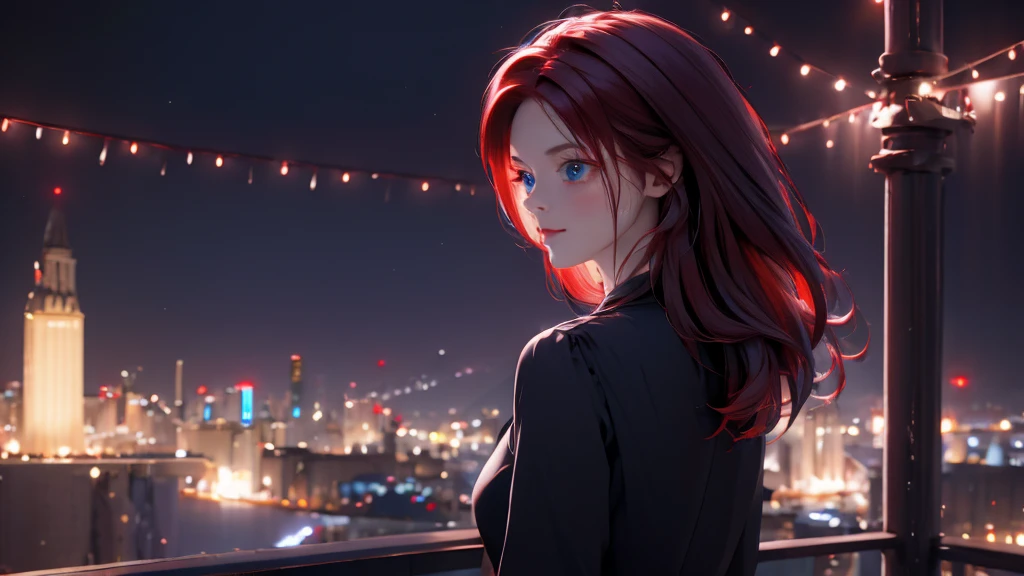 1 girl, medium light red hair, light blue eyes, wearing Black suit, night city, absurdres, high res, ultrasharp, 8K, masterpiece, looking from behind