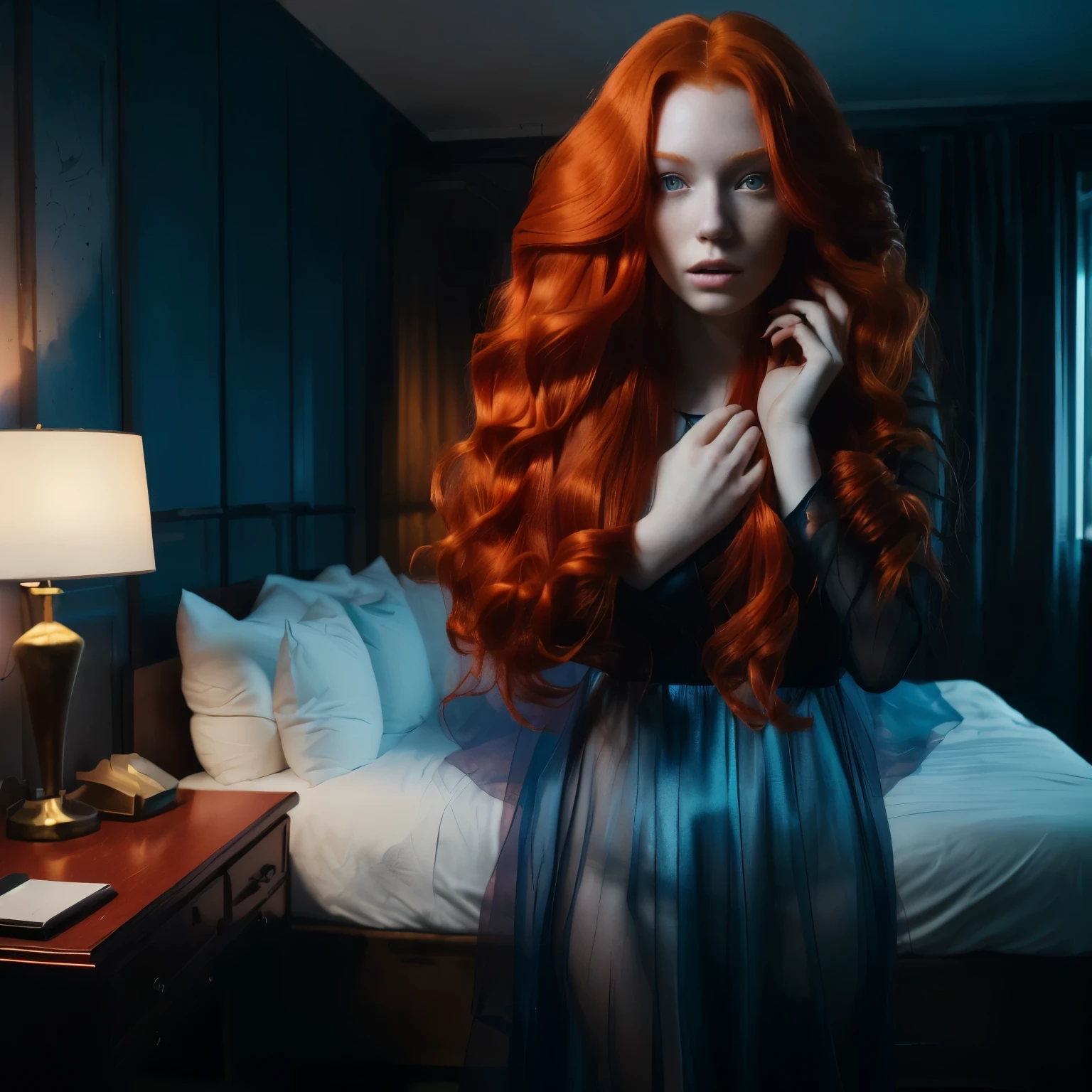 there is a woman with long red hair standing in a room, inspired by Elsa Bleda, red glowing hair, long glowing ethereal hair, redhead woman, long glowing red hair, photography alexey gurylev, orange skin and long fiery hair, long red hair, wavy big red hair, infrared hair, very long flowing red hair, glowing hair, woman with red hair