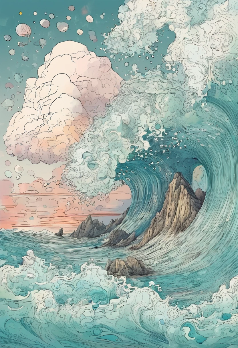 (Portrait of a genius scientist:1.4), Inspiration、切り立った崖とshortageれた海のバックグラウンド、shortage々Shii Wave、wave droplets、High cliffs、rock、Bubble、Cloudy、Thundercloud、lightning、Pastel Art Style、Masterpiece、Highest quality