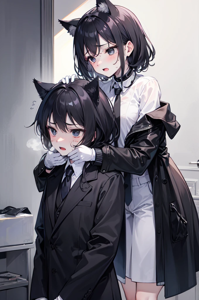 18-year-old girl,White and tender skin,cute,Wear a white long-sleeved shirt and a black jacket and a black work tie,Wear black trousers,Wear black booties,Wear white gloves,wear cat ear,Wearing a collar,Black hair,Black eyes,Very thin waist,Very thin legs,Handsome,Disdainful and cold expression,shy,blush,scared,Sweating,tired,pornography,porn action,is cumming,Fucked to open mouth,Cumming in the mouth
