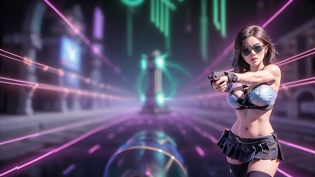 (aerial view). at night, futuristic sci-fi cyberpunk city, broad viaduct, skyscrapers at the end of the viaduct, the movie "13th Floor" style, (((((voltex-spirit-spreading giant clock tower as time machine))))), hq. Matrix style, at night, (1girl, solo), photo realistic, (large-breast:1.2 slim body, cleavage:1.3), (((tube top, extreamly short pleated (((miniskirt))) exposing panty))), (((((matrix style black sunglasses))))), (((((aiming at camera with a (short pistol)))))), (((half-body (thigh level) medium shot))), (cinematic lighting).