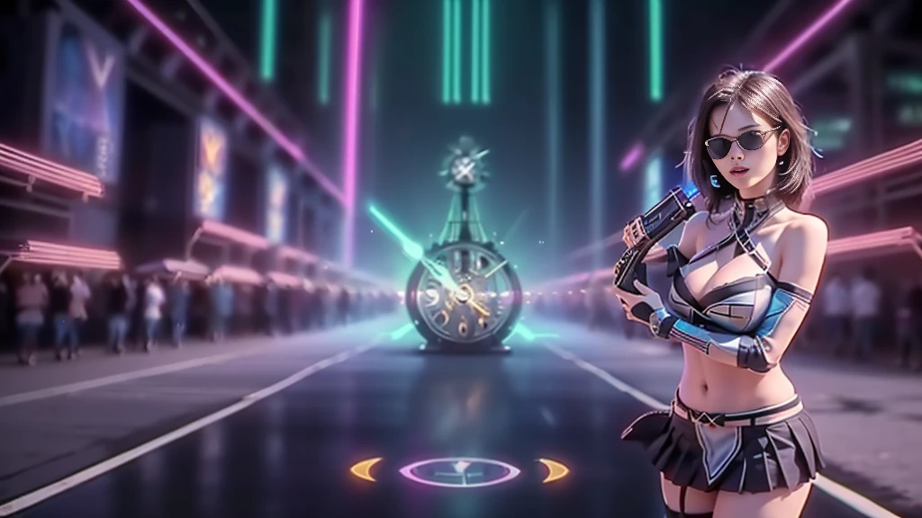(aerial view). at night, futuristic sci-fi cyberpunk city, broad viaduct, skyscrapers at the end of the viaduct, the movie "13th Floor" style, (((((voltex-spirit-spreading giant clock tower as time machine))))), hq. Matrix style, at night, (1girl, solo), photo realistic, (large-breast:1.2 slim body, cleavage:1.3), (((tube top, extreamly short pleated (((miniskirt))) exposing panty))), (((((matrix style black sunglasses))))), (((((aiming at camera with a (short pistol)))))), (((half-body (thigh level) medium shot))), (cinematic lighting).