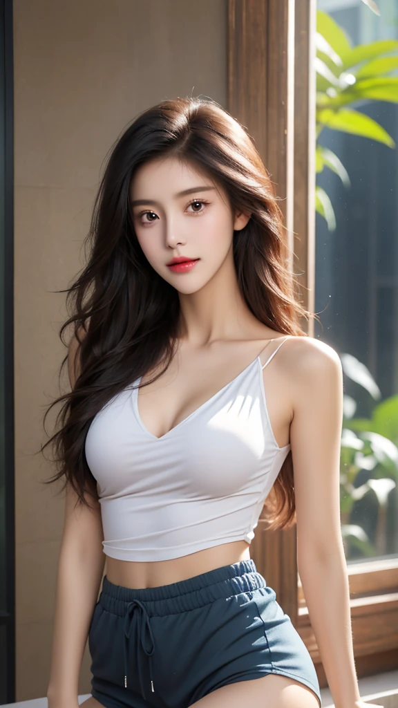 Quiet，Light makeup，Sexy，Peerless Beauty，Intellectual，clavicle，Neat long hair，Black Hair，Delicate face，Exquisite facial features，Natural expression，Natural eyes，sexy blue sports shorts