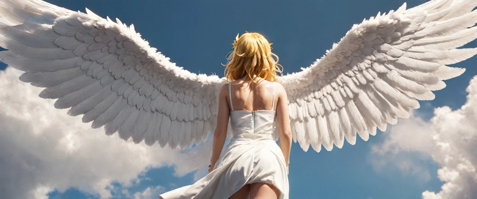 score_9, score_8_up, score_7_up, source_anime, detailed, 8k, cinematic angle, rating safe, from back, wide shot, A white winged angel is flying and looking down, aureole, halo,  hyperrealistic, photorealistic, 