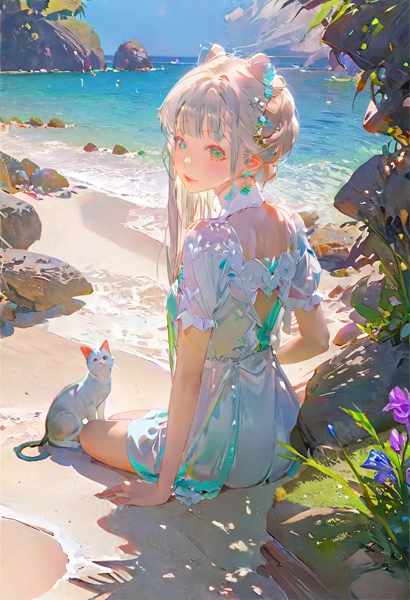 (Panorama, Center, Masterpiece, Highest Quality: 1.2), (8K, Raw Photos, Highest Quality), ((Masterpiece: 1.2)), Realistic, Ultra High Resolution, High Contrast, Photon Mapping, Vivid Colors, distant view, long shot, from behind, full body, Focal length: 26mm, f/5, Super Detailed, Raw Photos, Authentic, Official Art, RAW Photos, Professional Lighting, Lights, Vivid Atmosphere, finest illustration, best shadows), A smiling young girl (Emilia princess from Re:Zero, elegant silver-haired girl with delicate features, beautiful detailed eyes, long eyelashes, full lips, colorful makeup, slim waist, wearing a academy uniform, short sleeve top, photorealistic, (best quality,4k,8k,highres,masterpiece:1.2),ultra-detailed,(realistic,photorealistic,photo-realistic:1.37), extremely detailed face and eyes, highly detailed iris, (cute)),Early summer. On a beautiful white sandy beach, a smiling girl is looking at the islands scattered off the coast of the sea. A white cat is sitting next to a smiling girl. Beautiful blue gradient. Beautiful green gradient. An atmosphere that exudes the excitement of adventure. An atmosphere that makes you feel happy and joyful. High Fantasy Worldview. A magnificent composition. Beautifully depicted with the golden rule. Guardian nebula of rainbow light and silvery vapor. Corrosive Encirclement Ray Family Color. Slimy air.