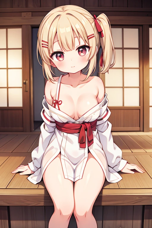 Cute naughty shrine maiden, Pastel colors hair, medium breasts, Thighs, short hair, (beige hair, parchment hair), (naked:1.3), (forehead:1.2, bangs pinned back, asymmetrical bangs, hairclip, side ponytail:1,2), standard height, (light smile, Large eyes, yuruyuri)