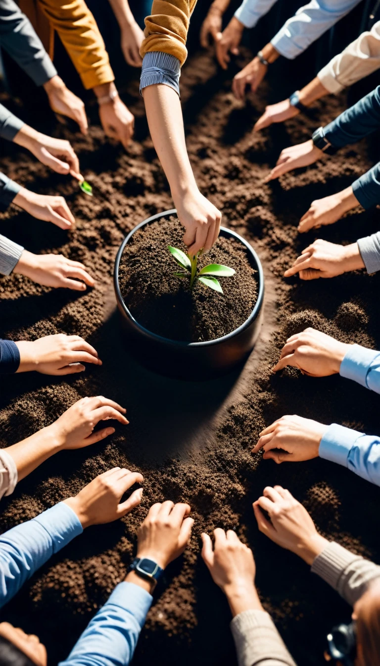 A person confidently stepping forward from a crowd , A hand holding a steering wheel, symbolizing control ,A person planting a seed, representing taking initiative.