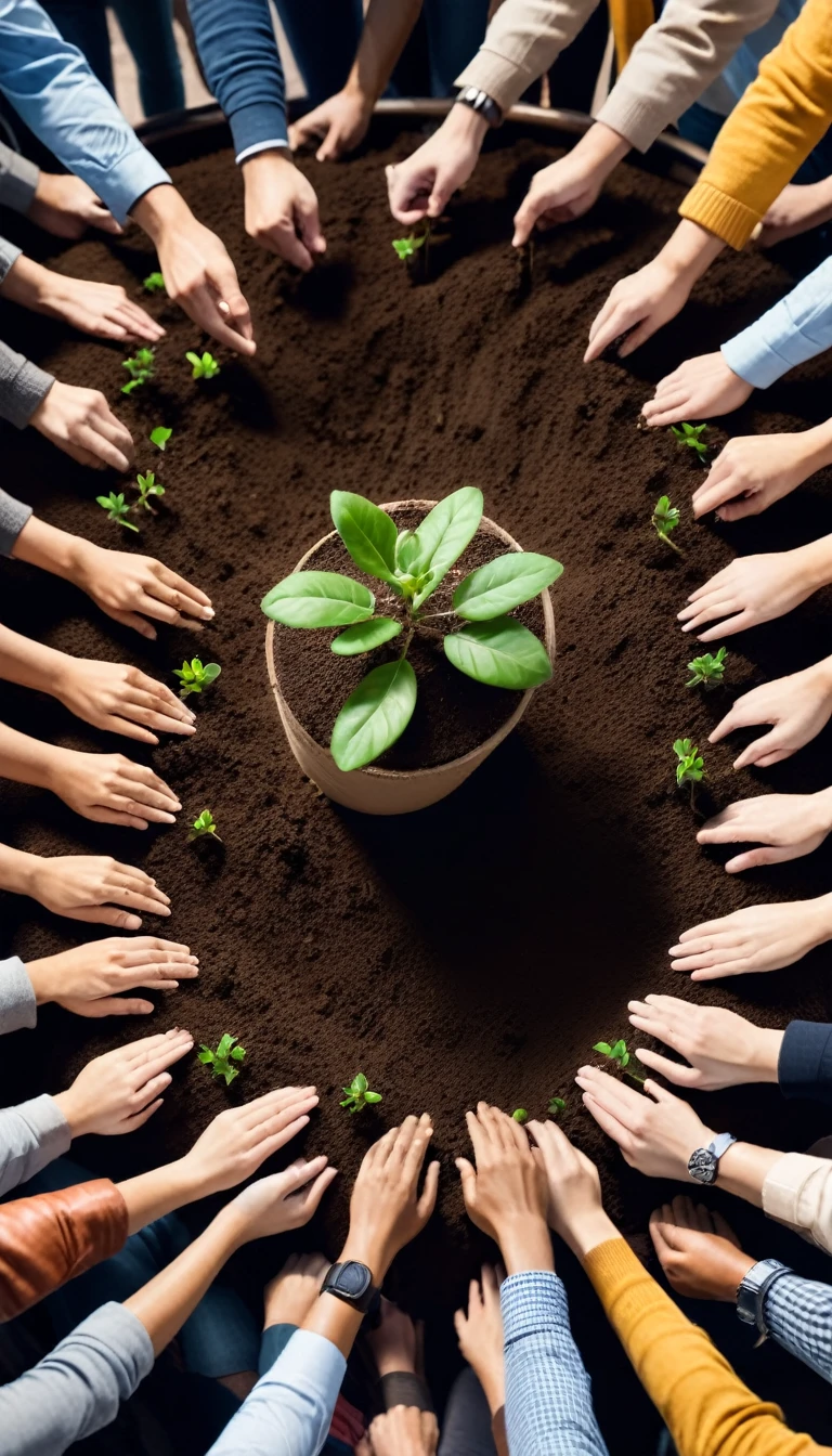 A person confidently stepping forward from a crowd , A hand holding a steering wheel, symbolizing control ,A person planting a seed, representing taking initiative.