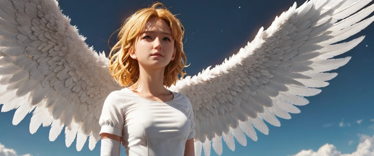 score_9, score_8_up, score_7_up, source_anime, detailed, 8k, cinematic angle, rating safe, wide shot, A white winged angel is flying and looking down, aureole, halo, hyperrealistic, photorealistic,