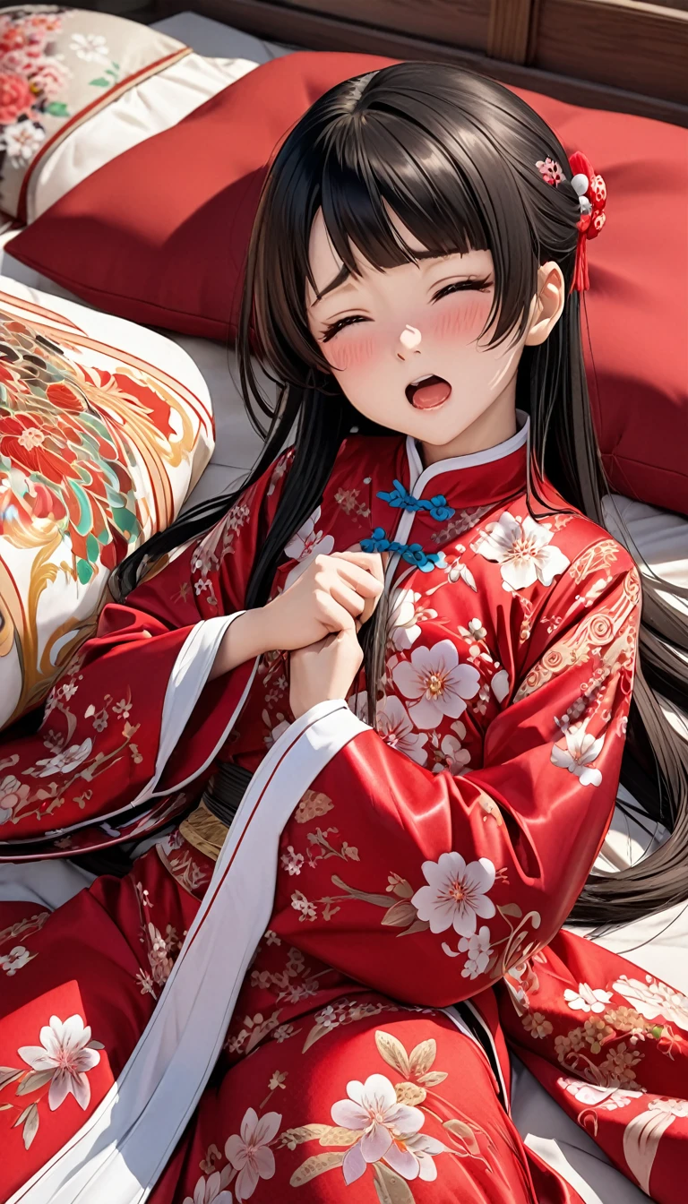 8k Tragic historical drama in live-action style: Beautiful palace secrets　Beautiful Chinese 10 year old kung fu girl with long black hair gets fucked by demon king　Gorgeous embroidery, Ultra glossy, She is wearing a shiny red long-sleeved floral kung fu suit....　　She cries loudly and is made to lie on a floral futon and has a penis inserted into her　She spreads her legs wide