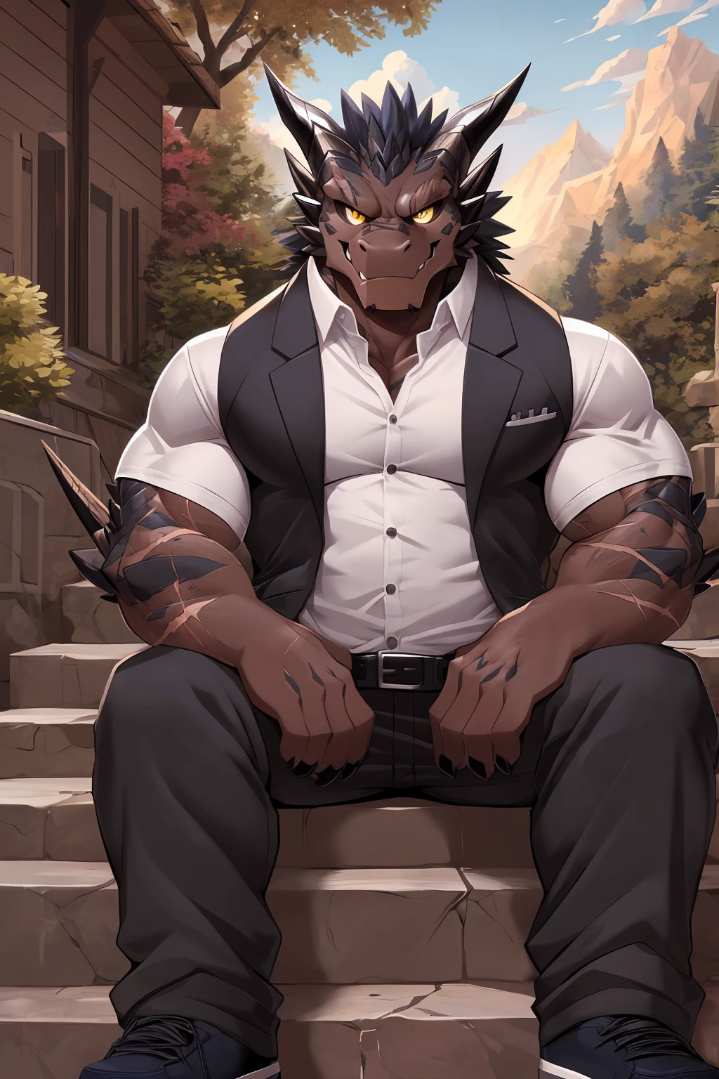(sfw:1.5), male focus, Handsome 1boy, solitary,protrait photo, (White thick eyebrows:1.3), single, (Black nails, Black claws:1.4), yellow skin, Black hair, (black and yellow tail:1.4), (perfect golden eyes:1.4), (black and yellow body:1.3), (yellow chest:1.1), (Dark gray dragon scales, 深灰色的Scales:1.4), (yellow ears:1.4),
Tibetan Mastiff, feet, black Tibetan mastiff, dog, Tibetan mastiff boy, Tibetan mastiff body, (evil eyes, big eyes, large eyes:1.4), Dragon Tail, Dragon Wing, Dragon Horn, Scales, (Chubby, The body is huge, Larger face:1.3),
(White short-sleeved shirt, Black vest:1.4) , (Black trousers:1.4),(Short shoes:1.4), White socks, blue whistle, (Dark blue belt:1.2), (Lots of scars, lots of scars, Lots of scars:1.3),
(full body:1.3), (Mature men:1.4), (Strong body, muscle,Strong male, muscle男:1.3), (Sitting, Sitting on the steps:1.4), (Looking at the audience, Focus, Eyes gaze:1.2), (evil smile, evil grin, Smirk:1.4),
full background, Faculty, roadside, Stone steps, Mountain, Blue sky, White Cloud, Trees, Sunlight, daytime,
Mysterious and romantic atmosphere, Caustic lines(refraction, polarization)Perfect anatomical structure, absurd, Detailed background, (Delicate eyes:1.3),Printing style。((artist:Takemoto Arashi))