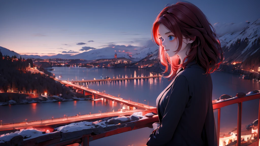 1 girl, medium light red hair, light blue eyes, wearing Black suit, night city, absurdres, high res, ultrasharp, 8K, masterpiece, looking from behind