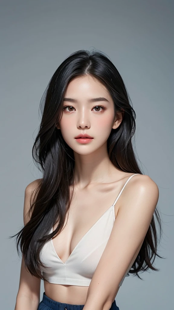 Quiet，Light makeup，Sexy，Peerless Beauty，Intellectual，clavicle，Neat long hair，Black Hair，Delicate face，Exquisite facial features，Natural expression，Natural eyes，sexy blue sports shorts