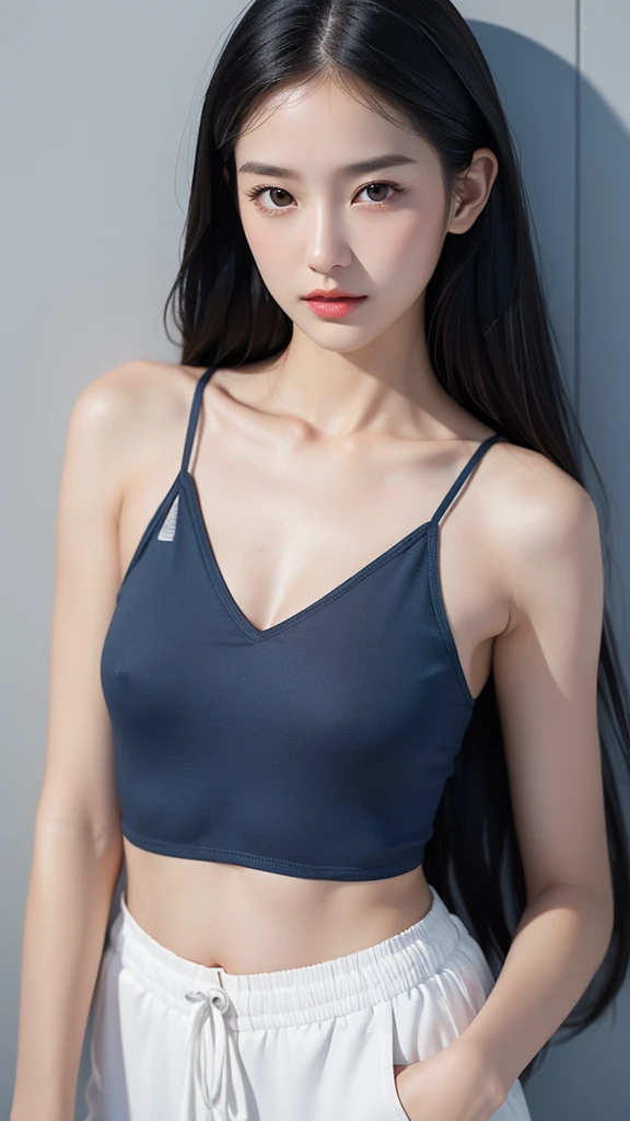 Quiet，Light makeup，Sexy，Peerless Beauty，Intellectual，clavicle，Neat long hair，Black Hair，Delicate face，Exquisite facial features，Natural expression，Natural eyes，sexy blue sports shorts