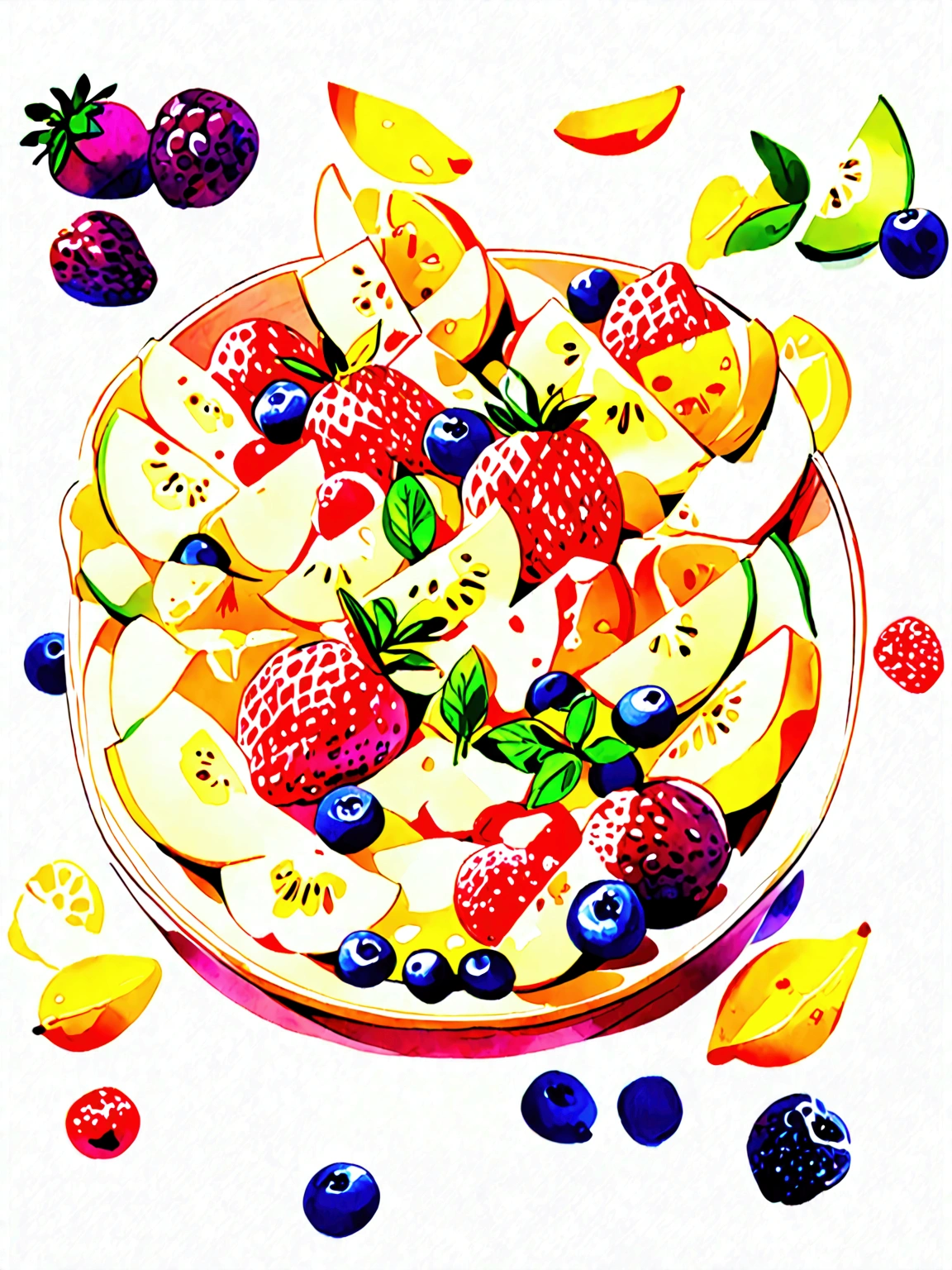 8k, super detail, award winning, highres, amazing quality, accurate,((best quality:1.2)), ((watercolor)), (((solid white background))), ((minimalist)), ((negative space)), a bowl full of fresh fruit salad, the bowl are made form wood, capture the fresh and delicious taste from the food, ((watercolor)), no object clip, no shadow clip, no blur, no human, no person, no text, no symbol, pseudo, beautiful color