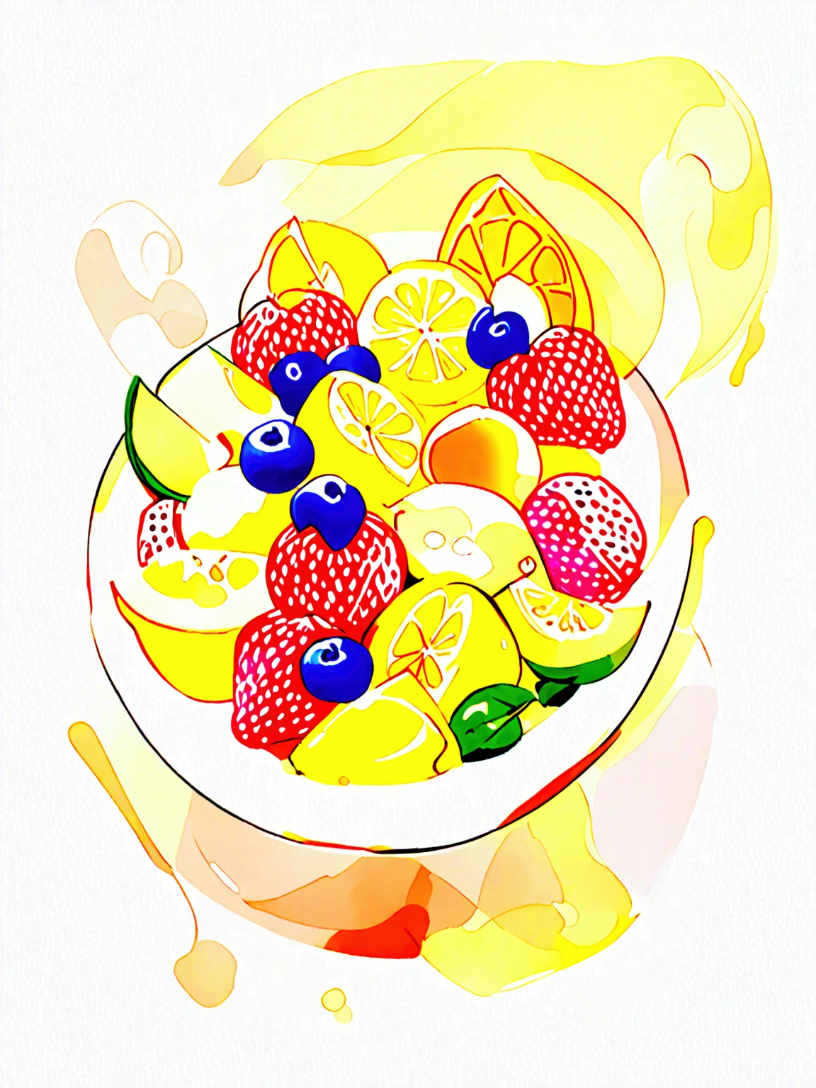 8k, super detail, award winning, highres, amazing quality, accurate,((best quality:1.2)), ((watercolor)), (((solid white background))), ((minimalist)), ((negative space)), a bowl full of fresh fruit salad, the bowl are made form wood, capture the fresh and delicious taste from the food, ((watercolor)), no object clip, no shadow clip, no blur, no human, no person, no text, no symbol, pseudo, beautiful color