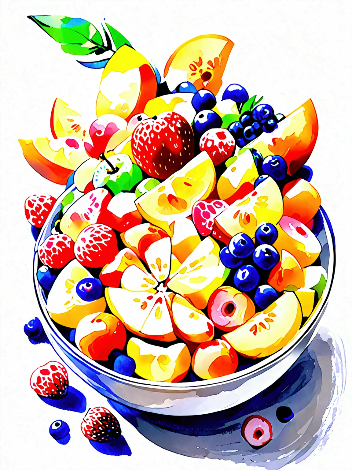 8k, super detail, award winning, highres, amazing quality, accurate,((best quality:1.2)), ((watercolor)), (((solid white background))), ((minimalist)), ((negative space)), a bowl full of fresh fruit salad, the bowl are made form wood, capture the fresh and delicious taste from the food, ((watercolor)), no object clip, no shadow clip, no blur, no human, no person, no text, no symbol, pseudo, beautiful color