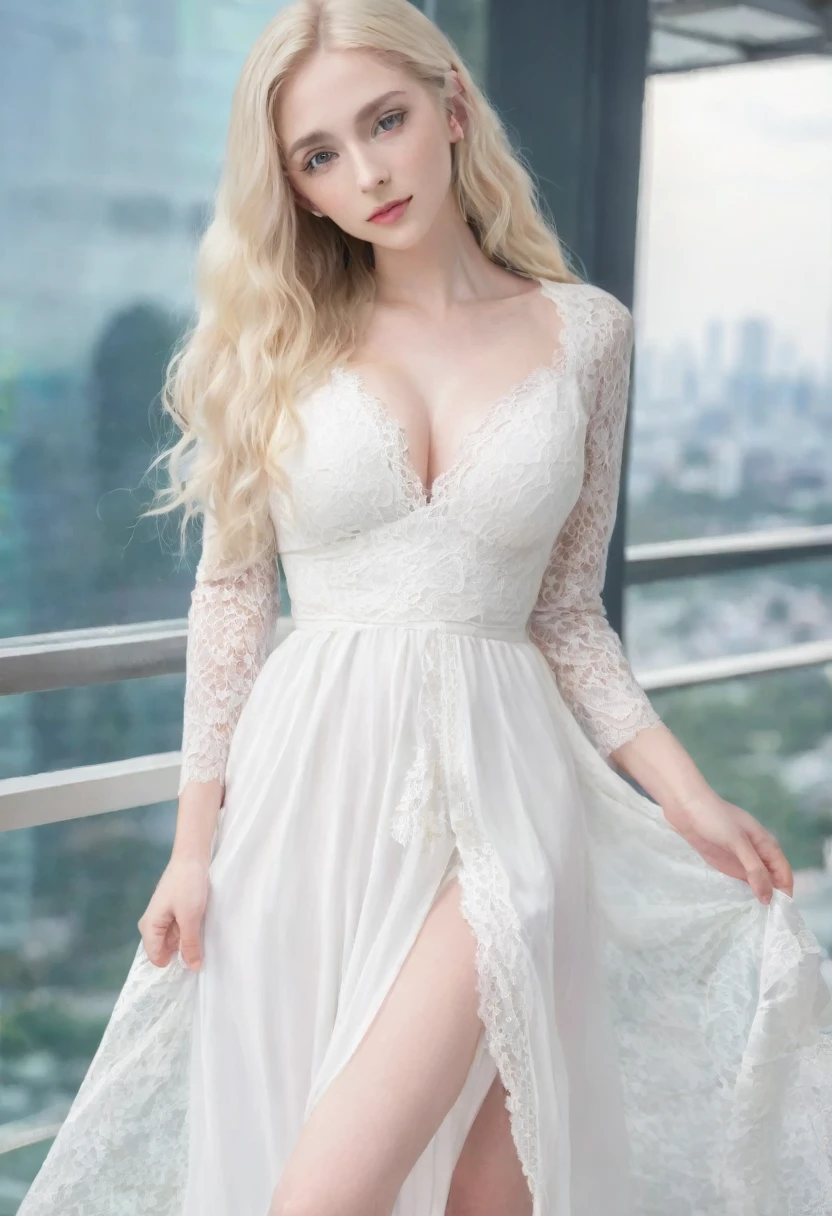 ((European Caucasian Woman))、((Mary, 18 years old))one person、Thin contours、Grey Eyes、Big Breasts、Narrow waist、White and translucent skin、Beautiful, shiny blonde medium-long hair、8-head-tall model style、White lace long dress、Waist-down angle、Tokyo city