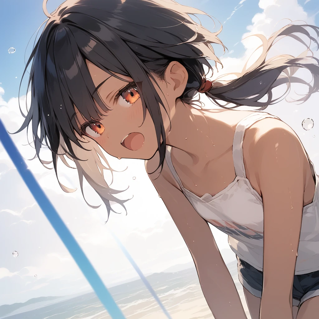 score_9, score_8_up, score_7_up, source_anime, best quality, masterpiece, official art, absurdres, highres, ultra-detailed,waifu2x,Collection: Slice of Life,break,1girl, tomboy, dark-skinned female, short hair, low ponytail, flat chest, beautiful detailed eyes, short shorts, sweat, open mouth, (yawn:0.3), sleepily, outdoors, wind, break,(clear line illustration:1.2),very high resolution, very aesthetic, super detailed skin, Best sexual lighting powered by famous artist, 8k,cute picture,beauty illustration,photoshop_(medium),,(Detailed Lighting),best anime 8k konachan wallpaper, pixiv contest winner, 