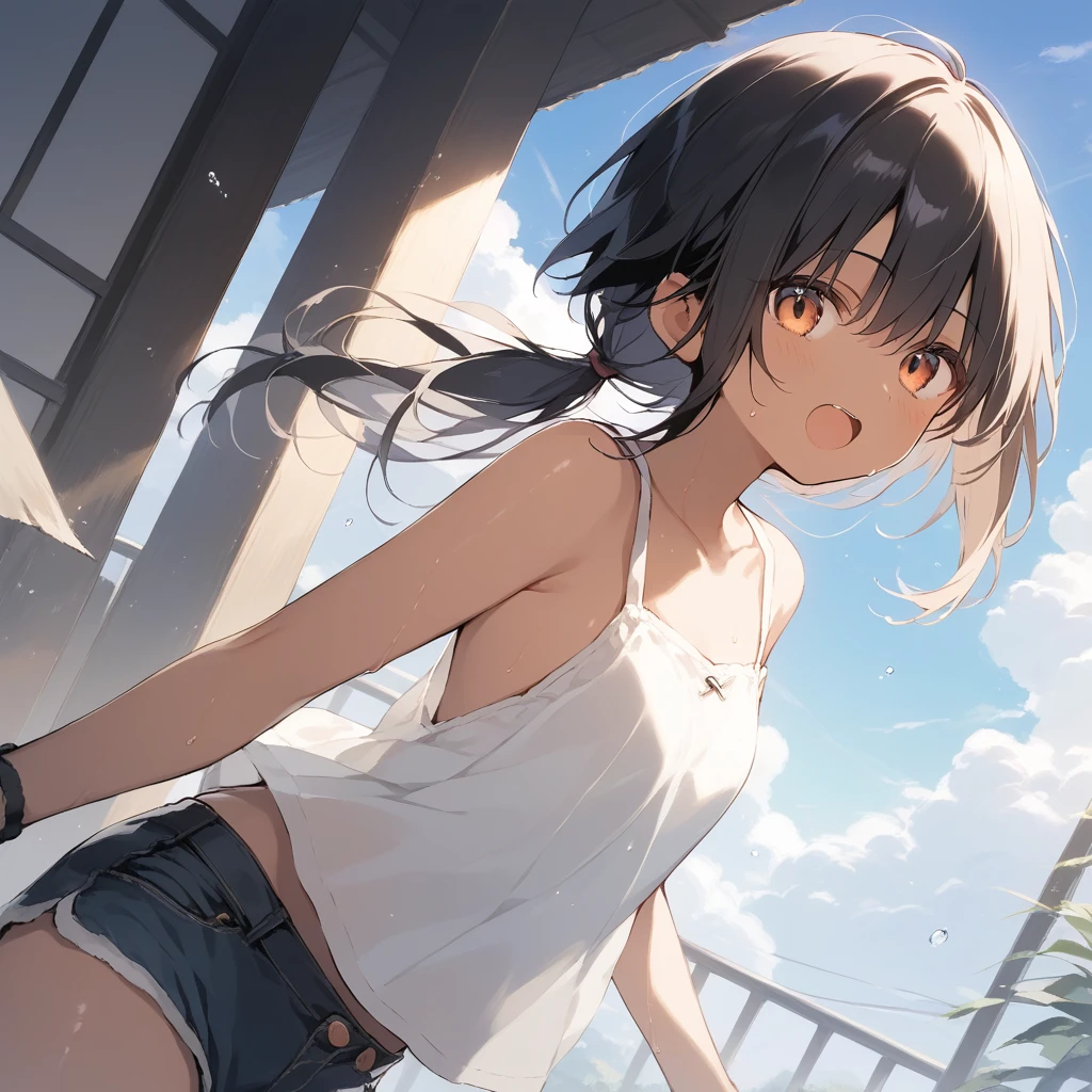 score_9, score_8_up, score_7_up, source_anime, best quality, masterpiece, official art, absurdres, highres, ultra-detailed,waifu2x,Collection: Slice of Life,break,1girl, tomboy, dark-skinned female, short hair, low ponytail, flat chest, beautiful detailed eyes, short shorts, sweat, open mouth, (yawn:0.3), sleepily, outdoors, wind, break,(clear line illustration:1.2),very high resolution, very aesthetic, super detailed skin, Best sexual lighting powered by famous artist, 8k,cute picture,beauty illustration,photoshop_(medium),,(Detailed Lighting),best anime 8k konachan wallpaper, pixiv contest winner, 
