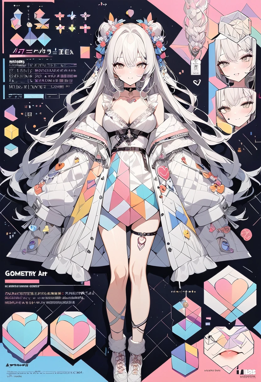 ,beautiful flower々),Mole under the eye, Heart-shaped choker, (masterpiece, Highest quality), Official Art, beautifully、aesthetic: 1.2), (1 Girl), Very detailed, (Geometry Art: 1.3), colorful,character sheet,simple background