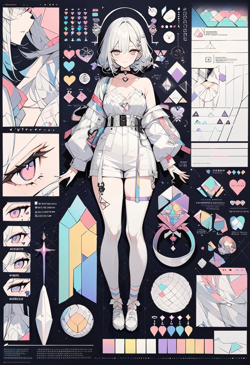 ,beautiful flower々),Mole under the eye, Heart-shaped choker, (masterpiece, Highest quality), Official Art, beautifully、aesthetic: 1.2), (1 Girl), Very detailed, (Geometry Art: 1.3), colorful,character sheet,simple background
