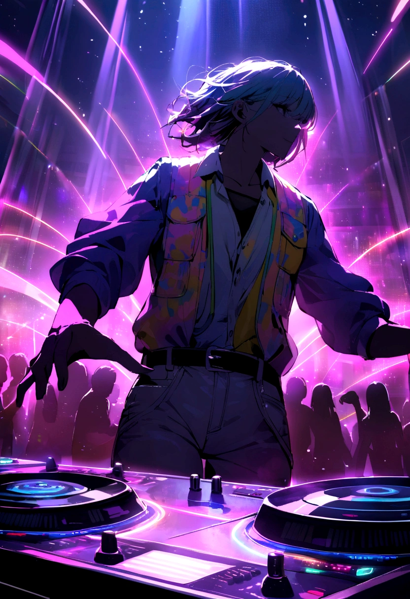 "A vibrant nightclub scene bursting with energy. Silhouettes of dancers move rhythmically against a backdrop of pulsing neon lights. Beams of colorful lasers cut through a hazy atmosphere, creating a dreamlike quality. In the foreground, close-up on a DJ's hands manipulating turntables, with illuminated sound waves visible in the air above. The overall mood is electric and alive, capturing the essence of nightlife and music."