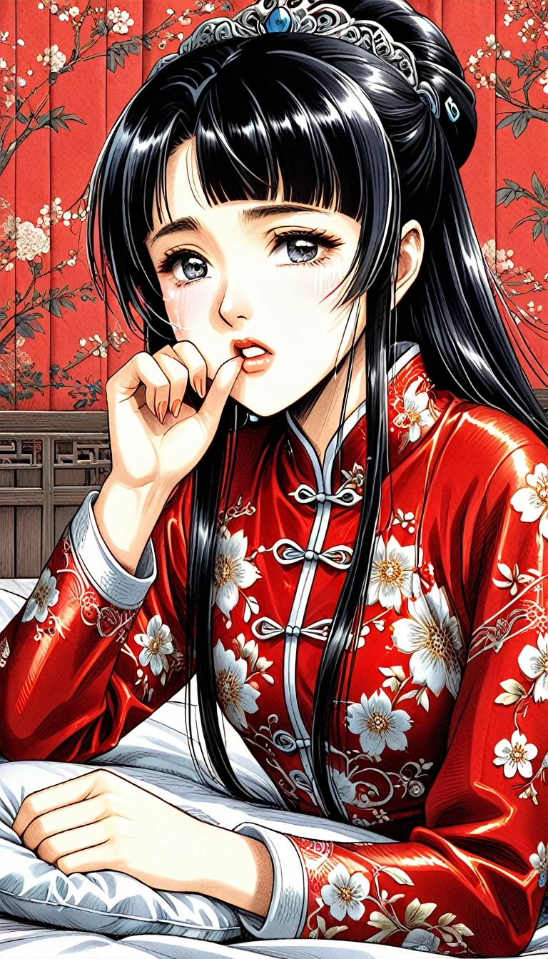 8k Tragic historical drama in live-action style: Beautiful palace secrets　Beautiful 10 year old Chinese Kung Fu princess with long black hair is forced to give a hard blowjob　Gorgeous embroidery, Ultra glossy, She is wearing a shiny red top and bottom long sleeve floral pajama kung fu suit....　　She cries loudly and is laid down on a floral futon to give the emperor a blowjob.