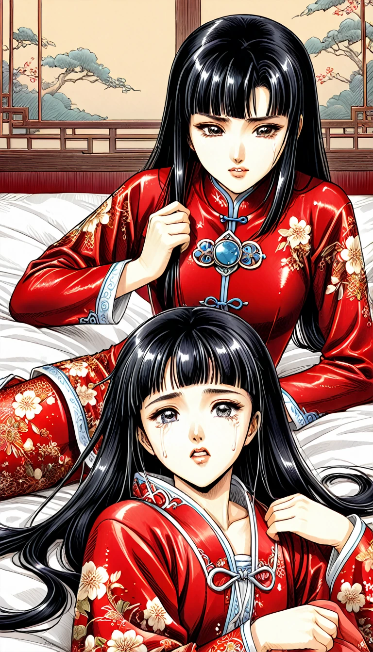 8k Tragic historical drama in live-action style: Beautiful palace secrets Beautiful 10 year old Chinese Kung Fu princess with long black hair is forced to give a hard blowjob Gorgeous embroidery, Ultra glossy, She is wearing a shiny red top and bottom long sleeve floral pajama kung fu suit.... She cries loudly and is laid down on a floral futon to give the emperor a blowjob.