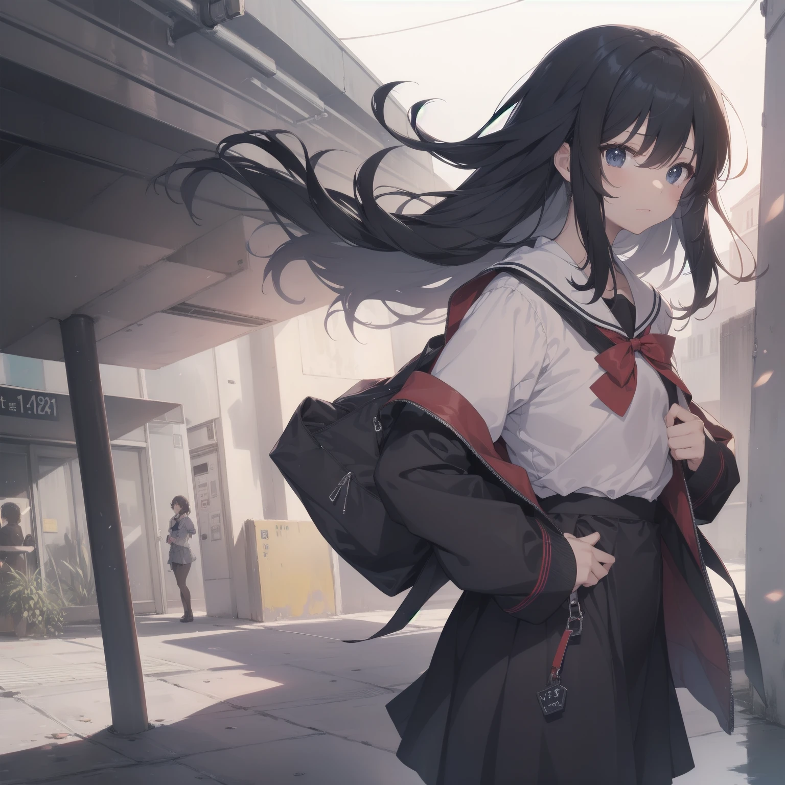 ultra-absurdres-Top quality by artist God, ultra-detailed, high resolution, anime moe artstyle, best anime 8k konachan wallpaper, pixiv contest winner, pool:2810, perfect anatomy,break, 1girl, (Please draw a girl walking sleepily to school alone. )break,(Solo,little female, 13-year-old:1.3),Full limbs, complete fingers,a junior high school student, (very short hair), short cut, flat chest, , small butt, small black eyes, beautiful detailed eyes, well-proportioned iris and pupils, expressive eyes, highres detailed hair, soft expression, salor school_uniform, sailor collar, serahuku, bow, pleated skirt,(Detailed Lighting), (Detailed background), in the School commute route. break,super detailed skin, Best cinematic lighting powered by famous artist, 8k,beauty illustration,photoshop_(medium),very aesthetic,break,((artist:null_(nyanpyoun) )), artist:clamp ,artist:carnelian ,artist:kantoku ,