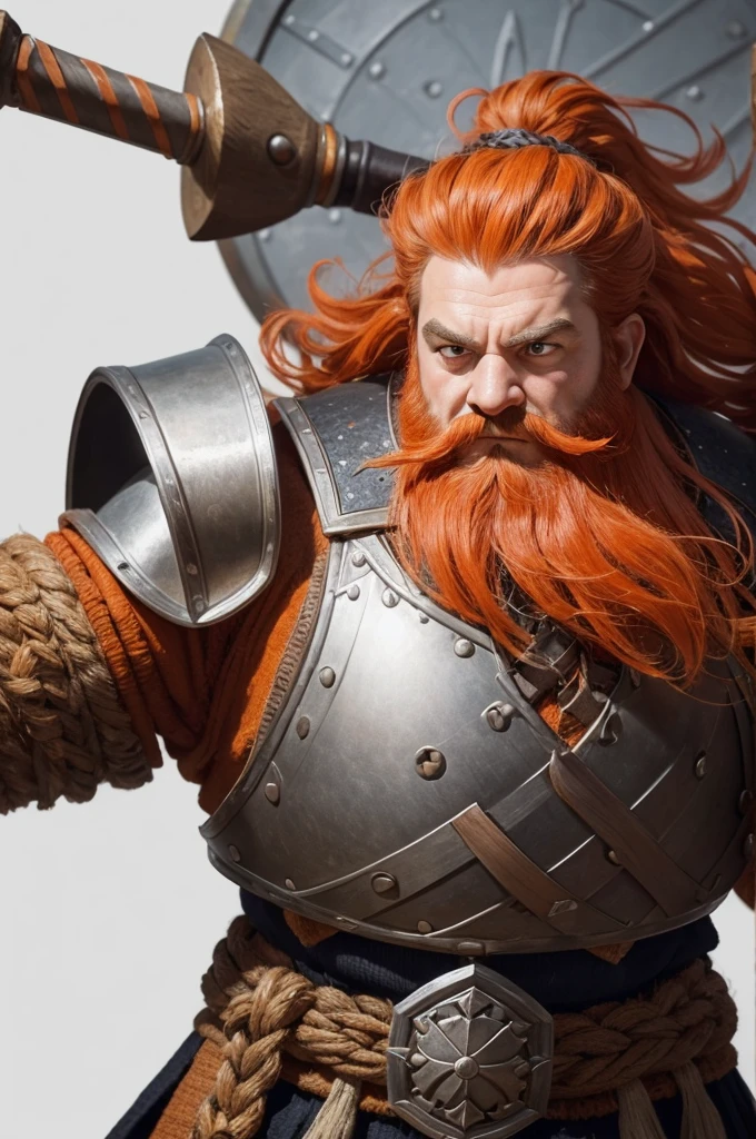 Top down view of a dwarf, large braided orange hair, large beard, holding a sword and large iron shield in attack position, only the head and body are visible, steel armor, completely white background, token of digital art for a virtual board game, cartoon style