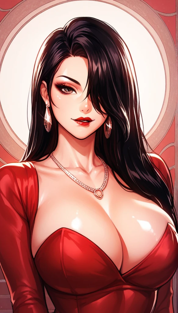 1girl in, solo, Jewelry, Black hair, Necklace, Red lips, Long hair, lip stick, makeup, Upper body, Closed mouth, Red dress, Hair over one eye, clavicle, Dress,Red Theme,bad-girl, big breasts,Shiny skin,(maturefemale), drop dangle earrings , biting lips 