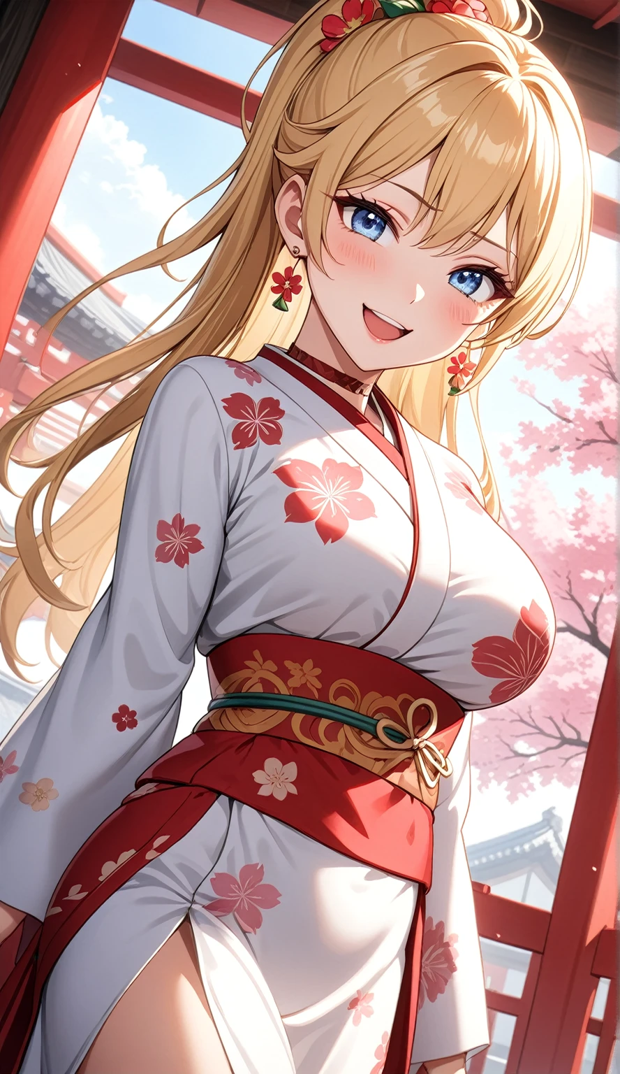 ((One personの女性)), Beautiful Face, (Laughing embarrassedly), ((smirk:1.1)), ((Wink:1.8)), (head tilt:1.3), Laugh with your mouth wide open, upper teeth, looking at viewer, ((Bright red cheeks:1.2)),Glossy Red Lips,noon, Shrine festival stalls, Glossy red lips, Shining Face, ((Anime style background)),masterpiece, Highest quality, so beautiful,up to date, Complex details, (Pink long nails), (nail art), (ring),(bracelet),(Floral choker),AI-generated, Complex,High resolution, Highest quality, super high quality,3D Images、3D Images,One person,Blonde long hair,(High Ponytail), (wavy hair), Anime woman posing for a photo, ((Fine grain、Light blue eyes、Shining Eyes:1.3)), (Squint your eyes:1.1),a hyperRealistic , hyperRealistic , Realistic,Long and blonde anime woman, Smooth anime CG art, Pink large floral patternが刺繍された豪華な着物を着た女性, (White long sleeve kimono),(Pink large floral pattern) ,Long flower hair ornament,Earrings,Mature Body,(Big Breasts:1.1),Tall,Abdominal muscles,Tight waist,  (dutch angle:1.2),