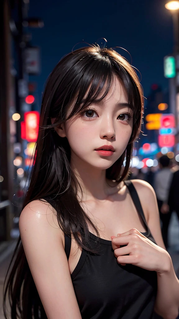 1girl, Tokyo street,night, cityscape,city lights, upper body,close-up, 8k, RAW photo, best quality, masterpiece,realistic, photo-realistic,