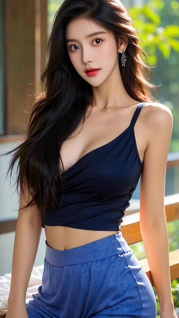 Quiet，Light makeup，Sexy，Peerless Beauty，Intellectual，clavicle，Neat long hair，Black Hair，Delicate face，Exquisite facial features，Natural expression，Natural eyes，sexy blue sports shorts
