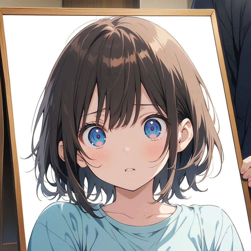 Masterpiece, Best quality, solo female, young girl, sister-like, blue eyes color, short hair, brown color hair, depression eyes, hopeless expression, anxiety, white and blue dress, white eardrop, frontal photo, anime, illustration