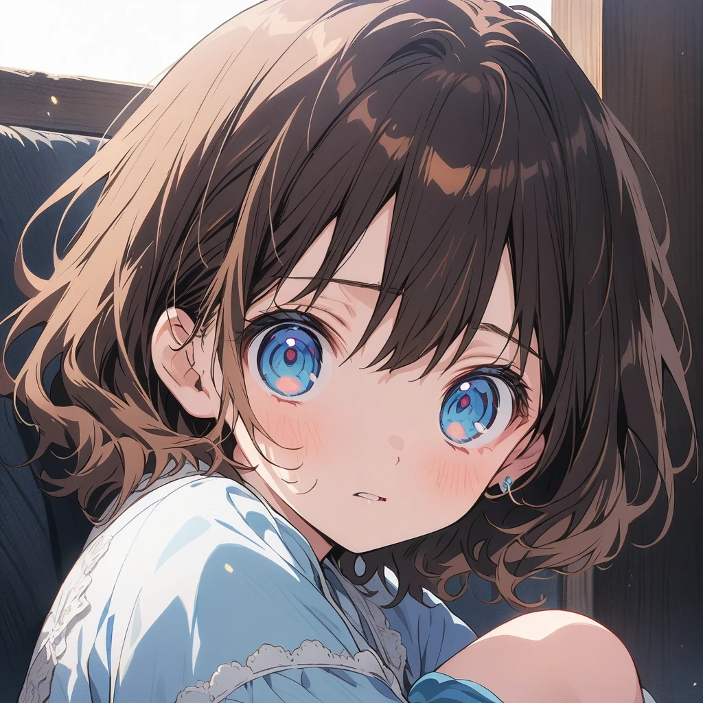 Masterpiece, Best quality, solo female, young girl, sister-like, blue eyes color, short hair, brown color hair, depression eyes, hopeless expression, anxiety, white and blue dress, white eardrop, frontal photo, anime, illustration