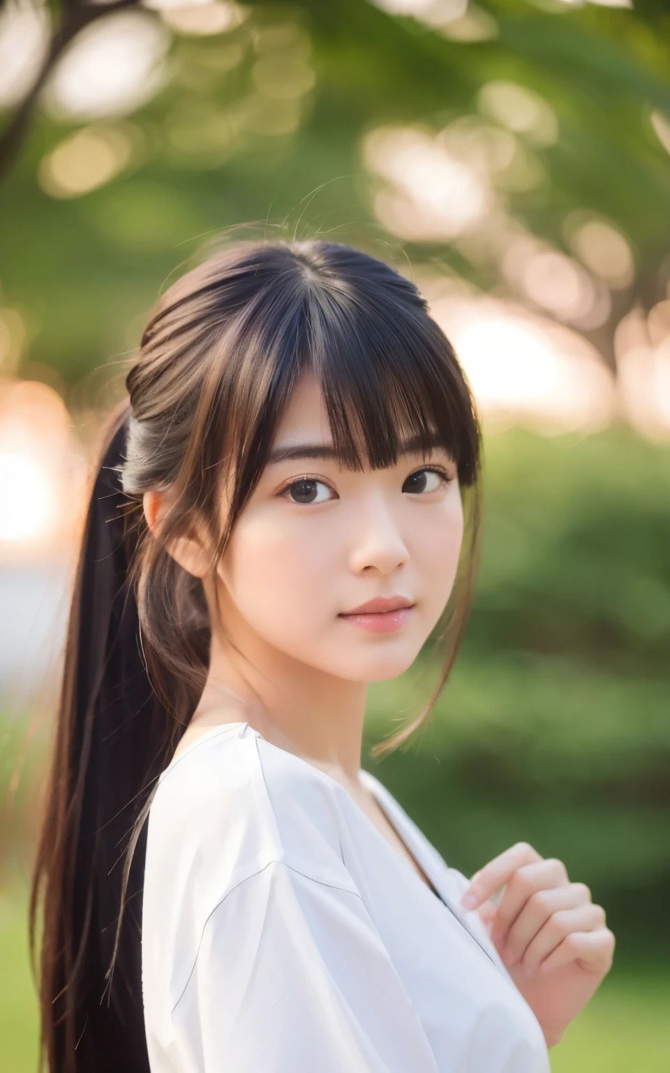 (masterpiece, Highest quality, RAW Photos, Realistic:1.2), One girl, avert your eyes, sad, beautiful girl, cute, Delicate girl, Put your hair up, Depth of written border, High resolution, 非常にdetailedな, detailed, 非常にdetailedな目と顔, Realistic students, Sharp focus, Cinema Lighting, Upper Body, bangs, Silk shirt,