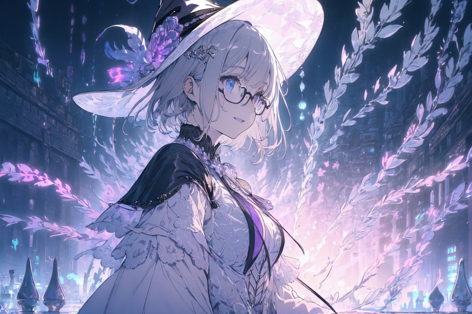 (witchcraft photo:1.1,in neon downtown:1.5), Masterpiece, best quality, (very detailed CG unity 8k wallpaper), (best quality), High definition RAW color art, Animation,sculptures, (silver Marble Skin), (((Ultra detailed elegant))), Magical atmosphere, Detailed skin, Texture,(Intricately detailed, Fine detail, ultra-detail art), depth of fields, bokeh, Silky Touch, Hyper Detail, beautiful eyes, Elegant Face, (ローブ, profile), sparkle background, (silver hair, short hair), pastel purple, fat, shorthair, dress, フリル, witchcraft hat, Round Glasse:1.4, enormous breast, リボン, kawaii smile