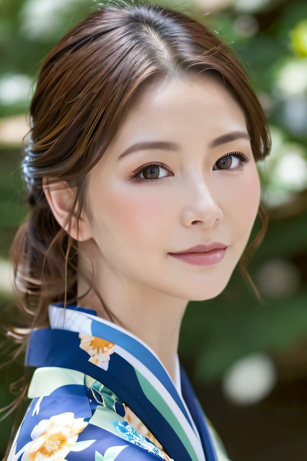 ((best quality, 8K, masterpiece: 1.3)), sharp focus: 1.2, Beautiful Women in Perfect Shape: 1.4, (kimono), Trees, Highly detailed face and skin textures, beautiful eyes, (Lips), Dark brown hair