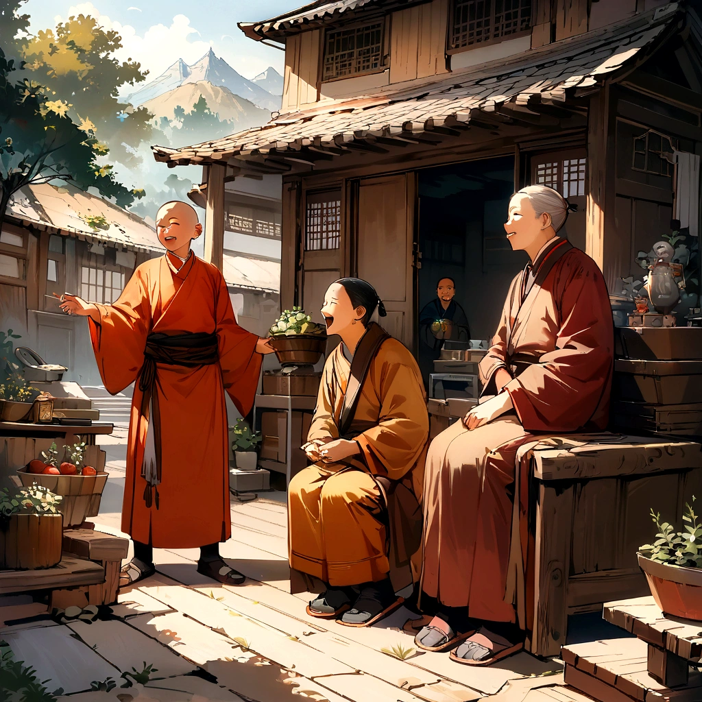 work of art, maximum quality, best qualityer, offcial art, beautiful and aesthetic: 1.2), illustration of 3 chinese monks laughing in a village, trunk, work of art, best qualityer, high qualiy, high resolution, 16K, cru, ultra high resolution, ultra details, fine-details, an extremely delicate royal shade, extremely detaild, アニメ, highly detailed painting, award-winning glamor painting, Wonderful painting, artwork style, stylised