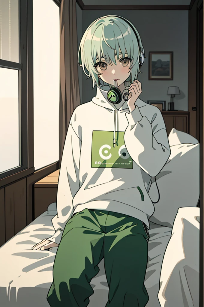 best quality, high quality, 1male, alone, 18 years old, looking at viewer, green and white hair, brown eyes, bangs, bored face, lollipop in mouth, sweatshirt, headphones, baggy pants, socks, in the bedroom