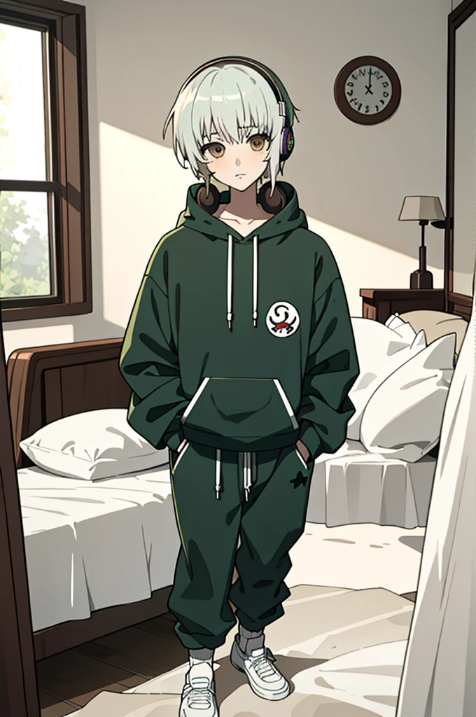 best quality, high quality, 1male, alone, 18 years old, looking at viewer, green and white hair, brown eyes, bangs, bored face, lollipop in mouth, sweatshirt, headphones, baggy pants, socks, in the bedroom