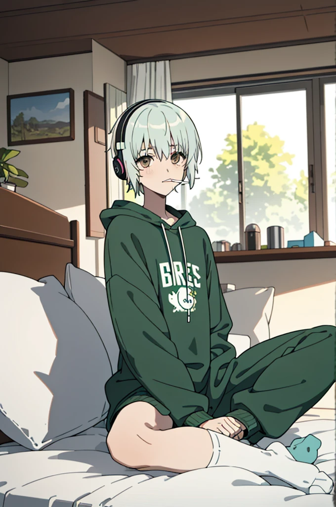 best quality, high quality, 1male, alone, 18 years old, looking at viewer, green and white hair, brown eyes, bangs, bored face, lollipop in mouth, sweatshirt, headphones, baggy pants, socks, in the bedroom