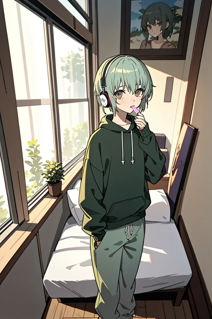 best quality, high quality, 1male, alone, 18 years old, looking at viewer, green and white hair, brown eyes, bangs, bored face, lollipop in mouth, sweatshirt, headphones, baggy pants, socks, in the bedroom