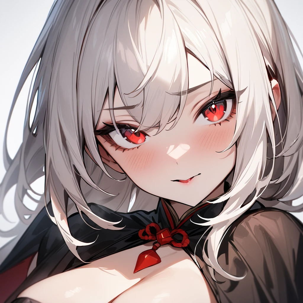 nsfw,1 girl,White hair,red eyes,独奏,portrait,Cleavage,masterpiece, best quality, very aesthetic, absurdres masterpiece, best quality, very aesthetic, absurdres masterpiece, best quality, very aesthetic, absurdres,looking at viewer,vampire,Black Cape