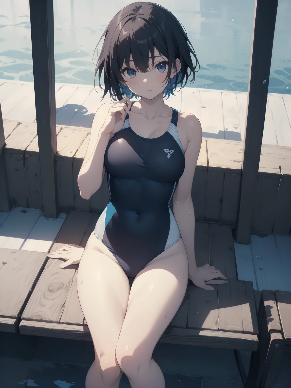 ultra-Top-quality by art God, ultra-detailed, high resolution, shinkai makoto style, anime moe artstyle, best anime 8k konachan wallpaper, pixiv contest winner, perfect anatomy, break,(Please draw a picture of a girl in a swimsuit sitting masturbation on a bench by the poolside alone.),break, a hyperrealistic school girl, parted lips, (Solo,ta, kid, 13-year-old:1.3),Full limbs, complete fingers, androgynous charm, (very short hair), wet hair, small breasts,slender body, Small butt, groin, Small black eyes,hanme,beautiful detailed eyes, well-proportioned iris and pupils, sleepy eyes, highres detailed hair, swimsuit, wet swimsuit, bare shoulders, thighs, pussy juice, masturbation, in the school pool. break,super detailed skin, shiny skin, Best lighting powered by famous artist, 8k, illustration,UHD, textured skin,break,((artist:toosaka_asagi )), artist:clamp ,artist:carnelian ,artist:kantoku ,