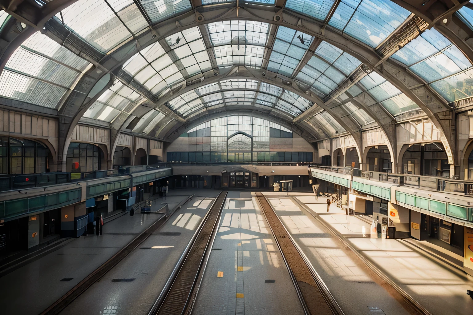 there is a train station with a train on the tracks, train station in summer, train station background, train station, The photo shows a large, shutterstock, large glass ceilings, terminal, Architectural snapshot, architectural photo, flat, Rounded roof, interior, station, Symmetrical composition, transparent background, Huge glass structure, inside the building, Big hall