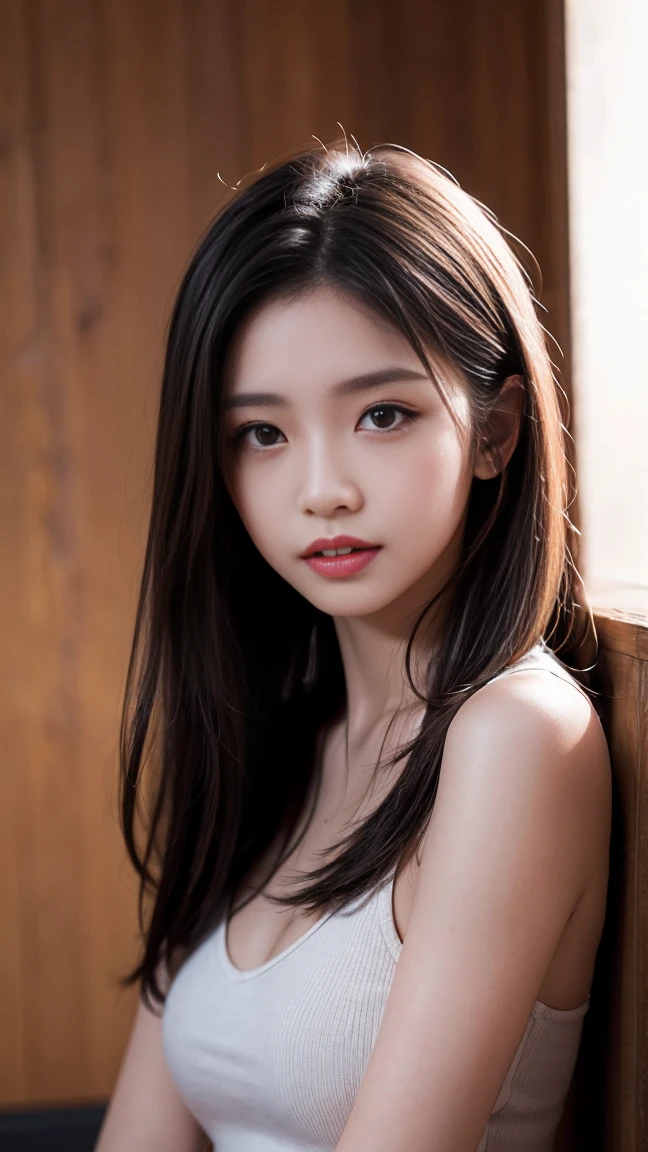 Highest quality,masterpiece,Ultra-high resolution,Original photo,Ultra-high resolution,Beautiful woman 25 years old woman'Fashion popular in the 1980s,Long legs:1.5,high waist,Flashy makeup using red eyeshadow,Big smile,Short cut with subtle side waves,whole body,Gray background,((Facing forward)),((whole bodyの画像)),((Long, slender legs))